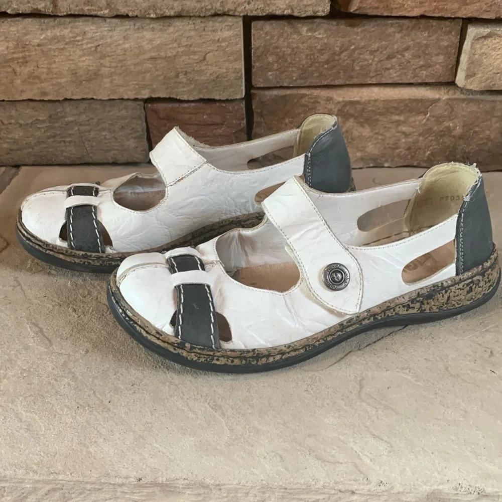 Rieker sz 38 white and dark blue/grey leather slip on shoes w/velcro closure